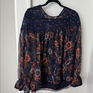 Anthropologie Dark Blue and Rust Floral Blouse